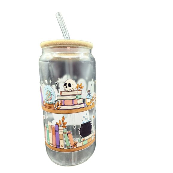 Halloween-Themed Glass Tumbler Cup With Bamboo Lid & Straw - Witchy Bookshelf - Picture 3 of 4